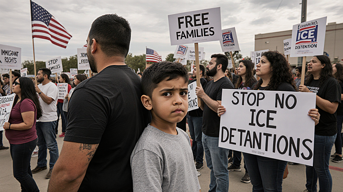 Ecuadorian boy stands with father looking at camera while protest signs “Free Families” and “Stop ICE Detentions” rise behind