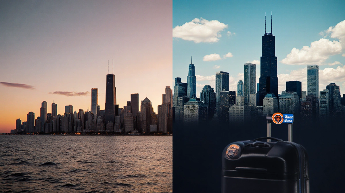 Split screen showing Detroit skyline at sunset and Chicago cityscape with suitcase hinting at coach's move