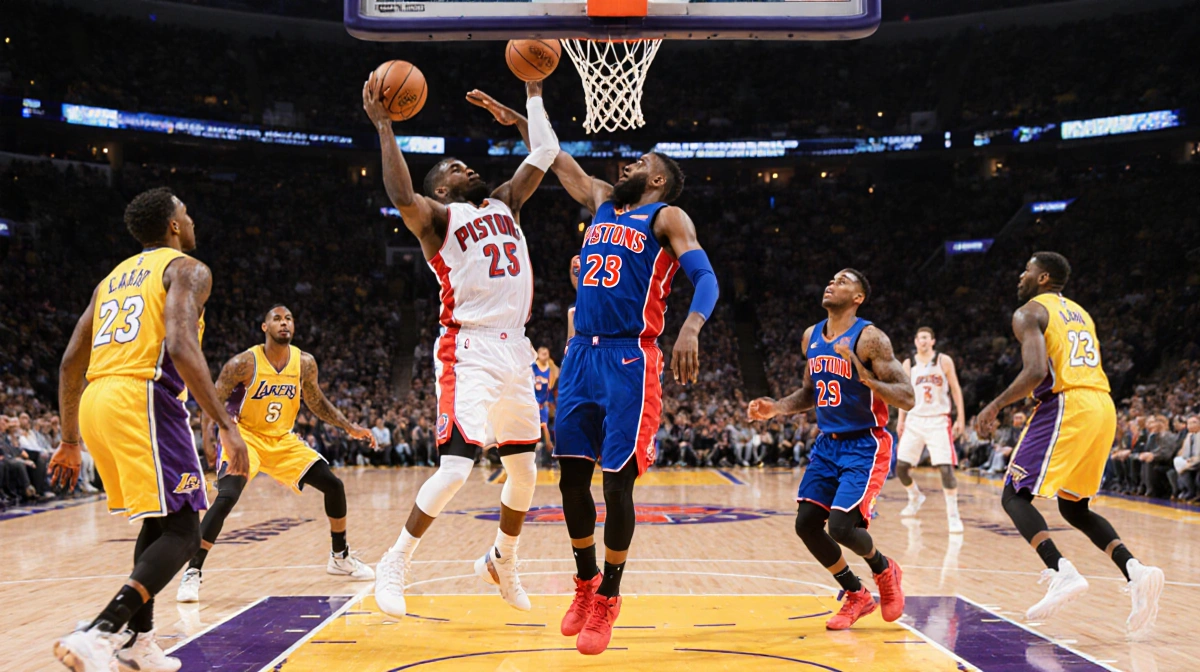 Detroit Pistons players drive to the rim with motion blur and dynamic lighting showing paint dominance during a 16-6 run.
