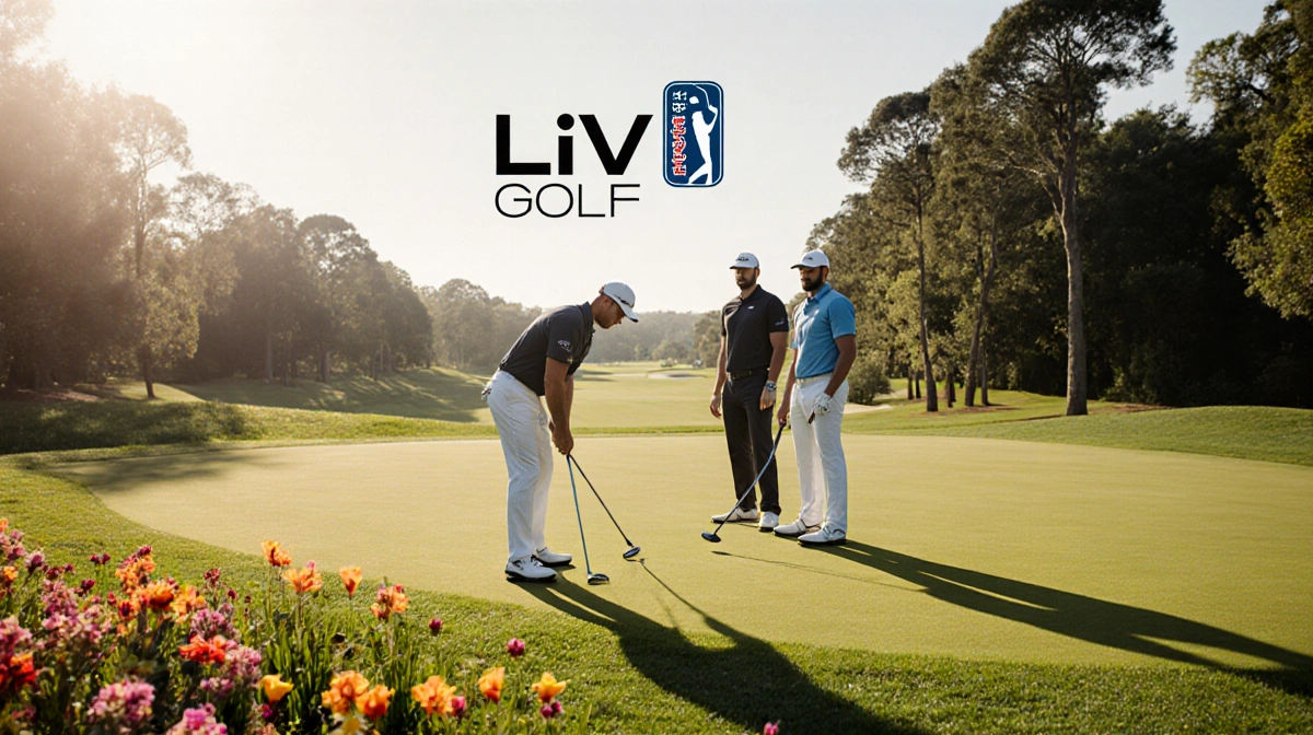 Thomas Detry preparing to tee off with Bryson DeChambeau and Jon Rahm standing nearby on the LIV Golf course
