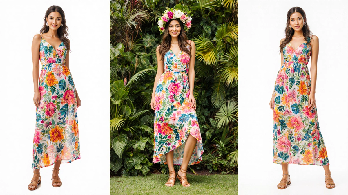 Bride-to-be wearing vibrant floral dress with flower crown and sandals stands near lush Kualoa Ranch greenery
