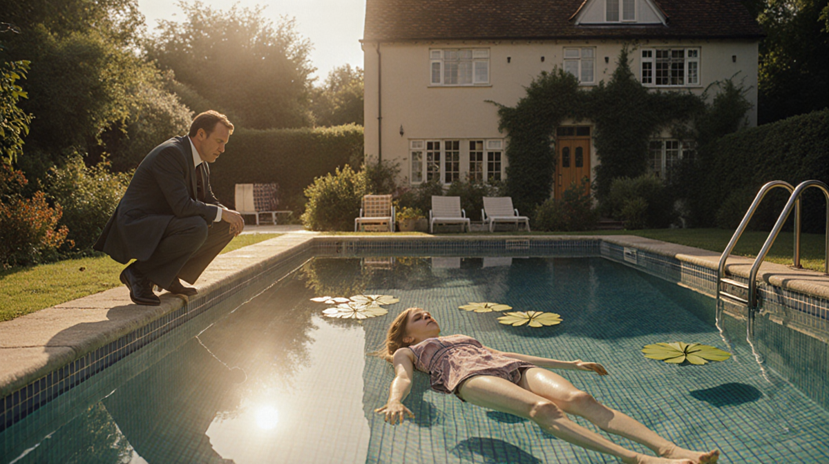 Detective Venn kneeling beside the pool with Lottie's body at the bottom and water lilies floating amid lush Devon greenery