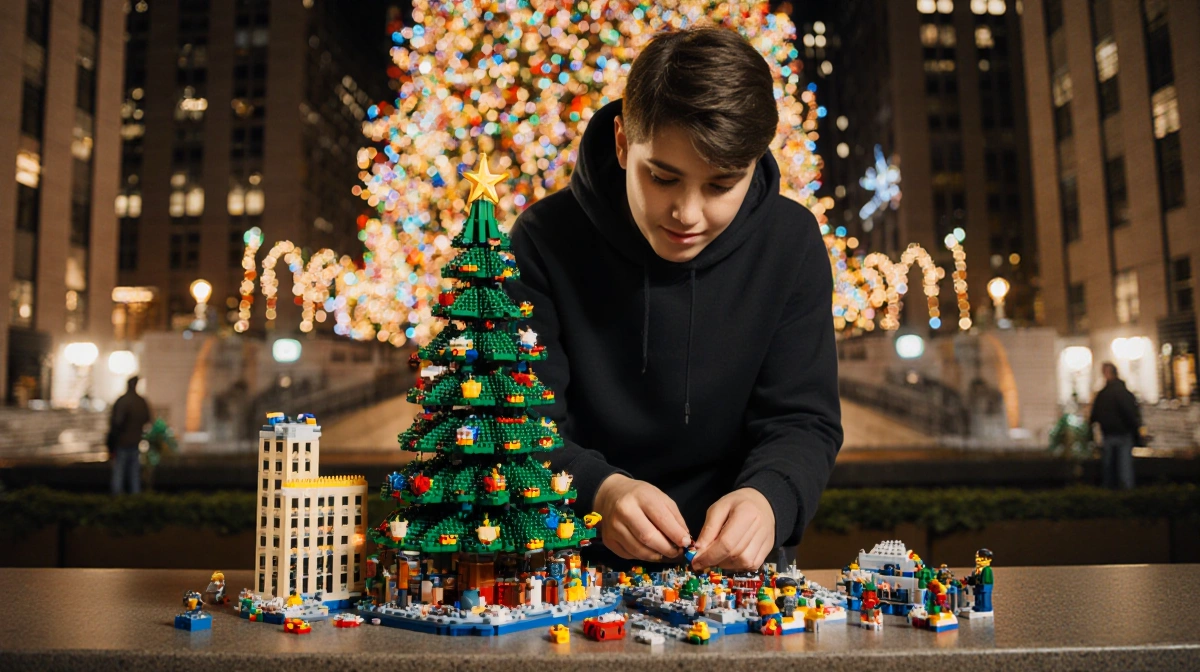 Dewhurst building Lego Rockefeller Center Christmas tree with festive lights and city skyline behind