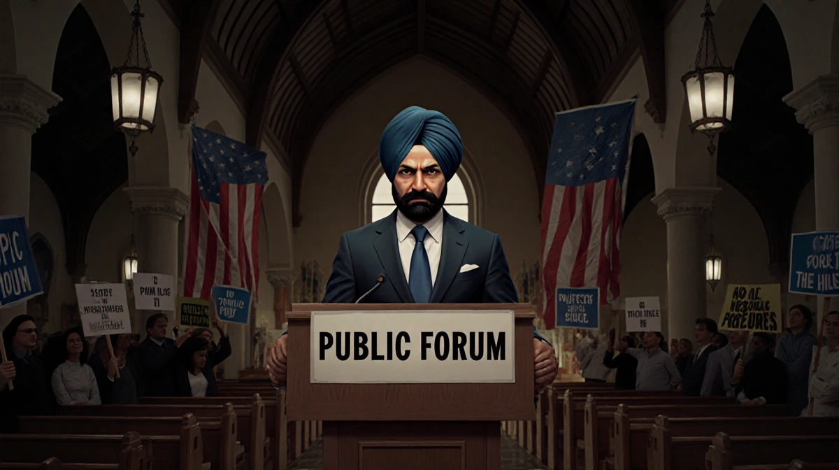 Dhillon stands sternly at church podium with Public Forum sign and protest signs behind him