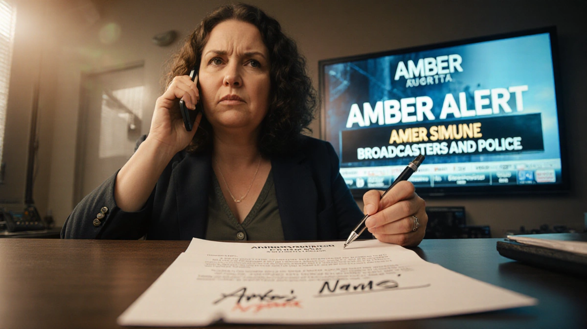 Determined mother holds phone and pen with Amber Alert ticker showing behind her and letter on desk highlighting Amber's name