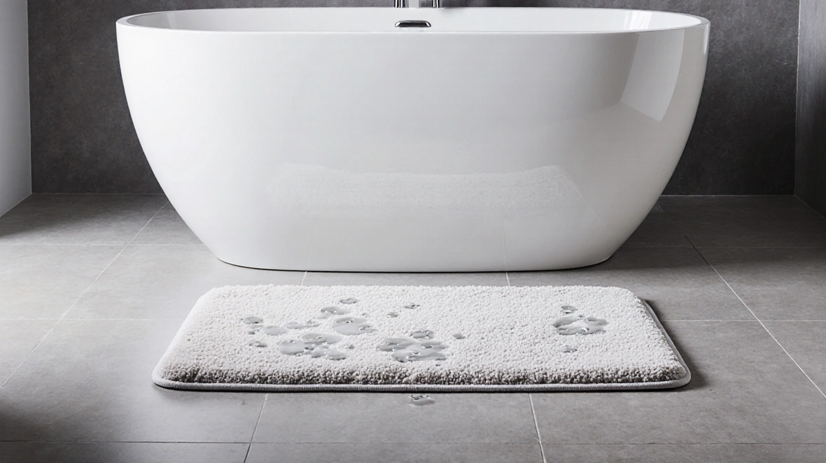 Veeloim diatomaceous earth bath mat absorbs water droplets with nonslip texture near white tub