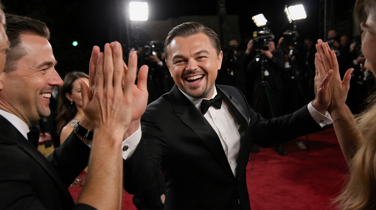 Leonardo DiCaprio laughing and high-fiving friends at Golden Globes with flashing camera lights illuminating his joyful expre