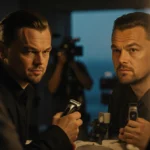 Leonardo DiCaprio sits at vanity with Chase Infiniti holding electric shaver and crew members nearby