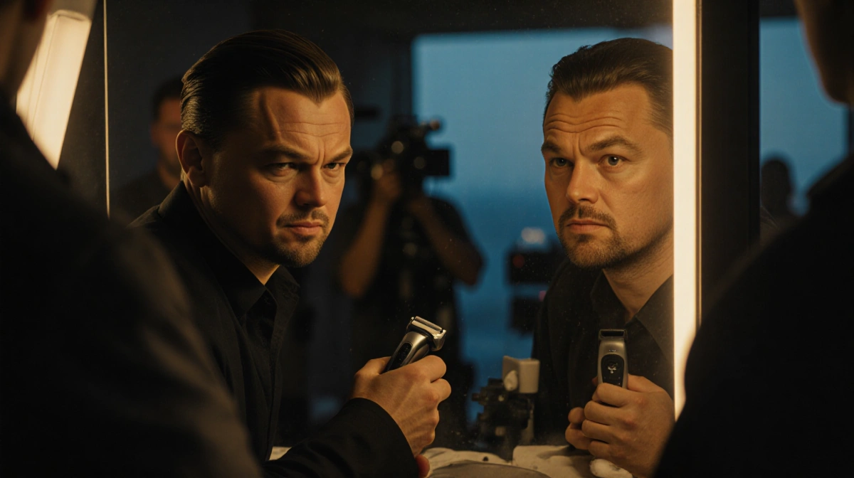 Leonardo DiCaprio sits at vanity with Chase Infiniti holding electric shaver and crew members nearby