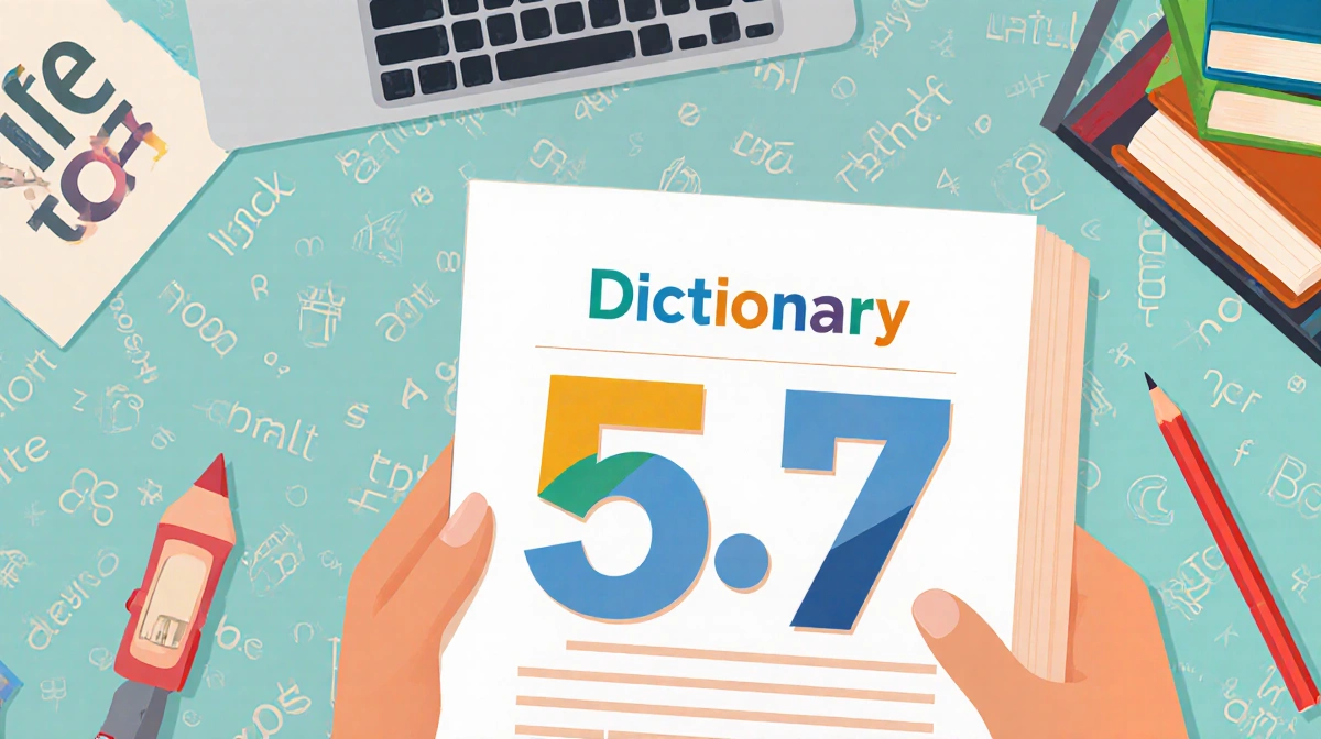 Dictionary page highlighting slang term 6-7 with colorful typography and linguistic symbols near a laptop and books.