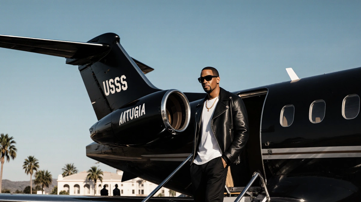 Sean Diddy Combs stands on private jet steps with matte black aircraft and California hills behind him