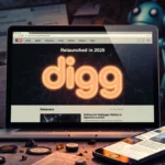 Retro computer screen glows with Digg logo and Relaunched 2025 text with smartphone showing Digg wallpaper and scattered news