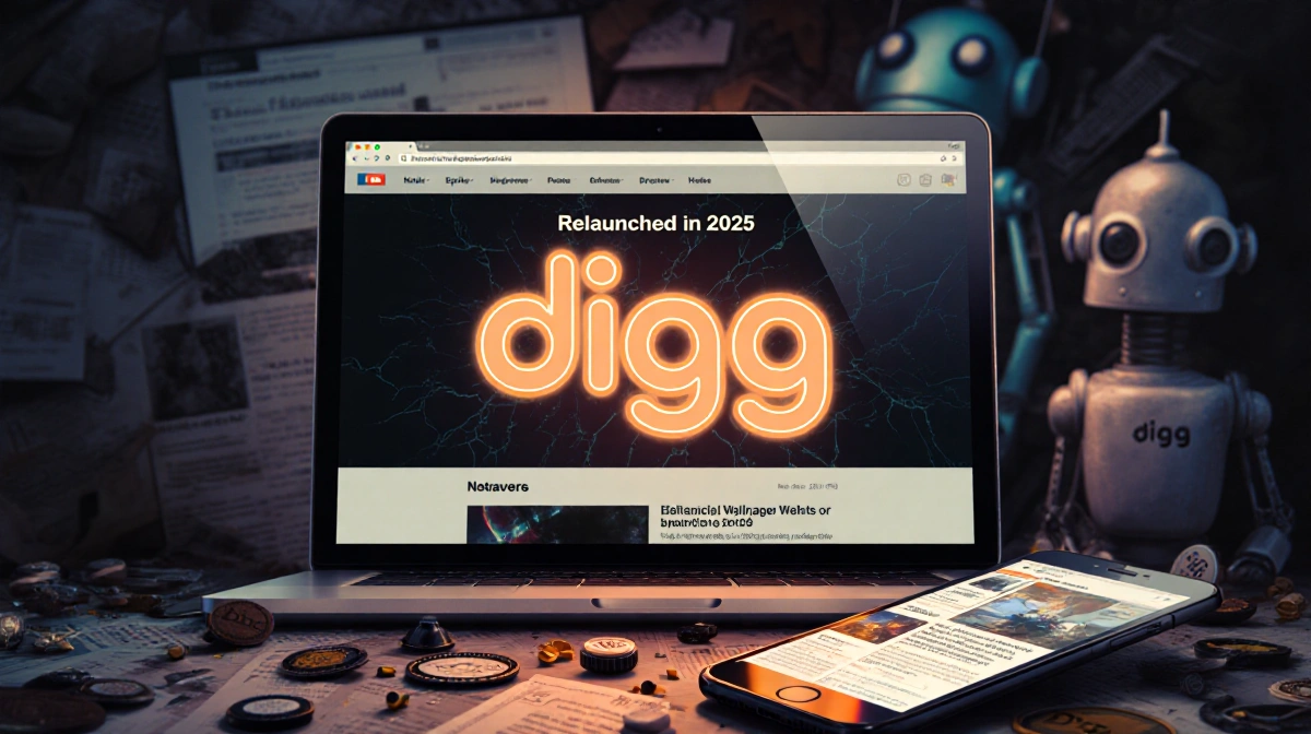 Retro computer screen glows with Digg logo and Relaunched 2025 text with smartphone showing Digg wallpaper and scattered news