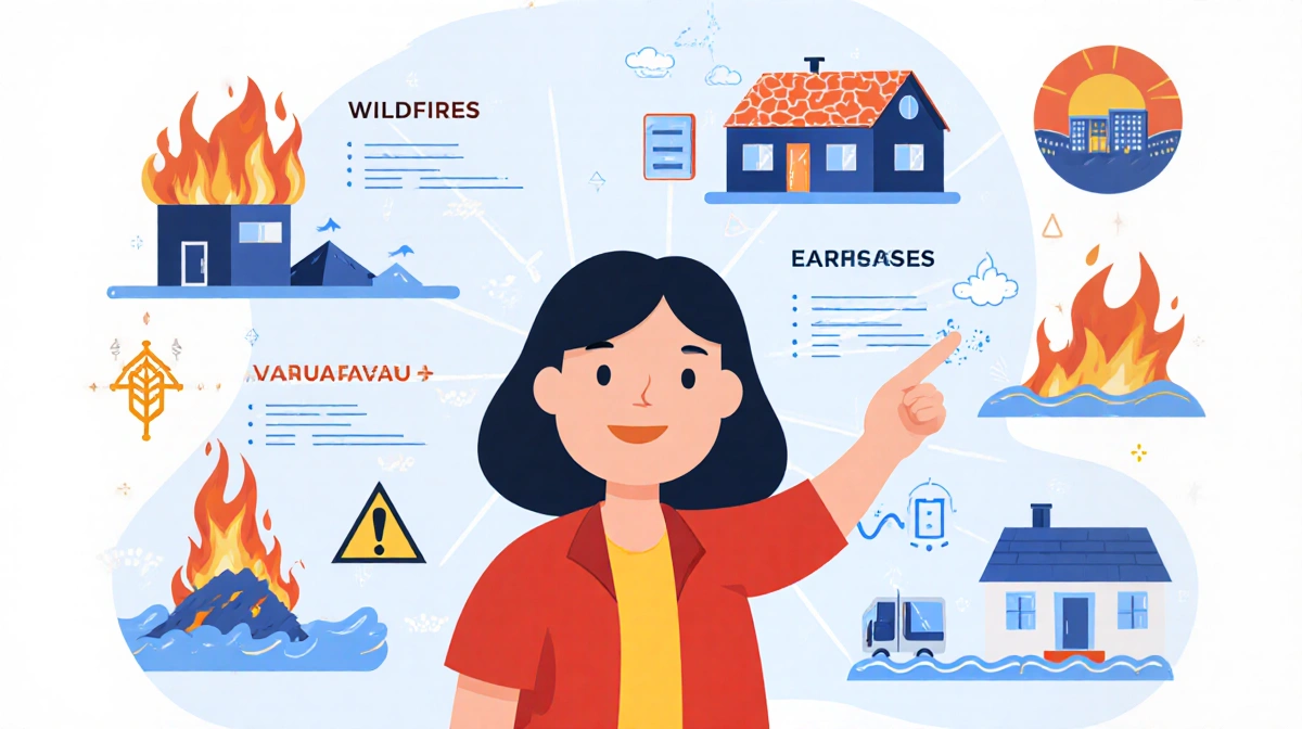 Person pointing to diagram with hazard icons and homeowner tips beside wildfire earthquake flood sections