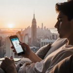 Young adult sitting on couch setting a screen timer on iPhone with digital detox cityscape backdrop.