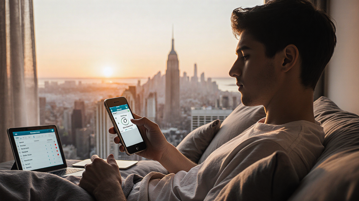 Young adult sitting on couch setting a screen timer on iPhone with digital detox cityscape backdrop.