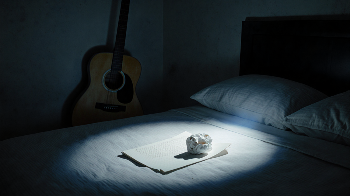 Spotlight shines on empty bed with crumpled paper and guitar silhouette in dim bedroom.