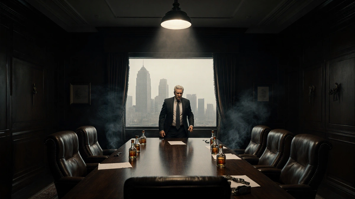 Businessman pacing around boardroom table with intense gaze while documents scatter across wood surface