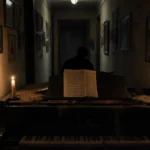 Somber hallway shows grand piano with flickering candles and a shadowy figure slumped over the instrument