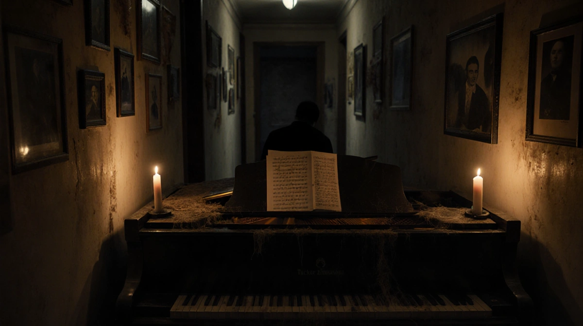 Somber hallway shows grand piano with flickering candles and a shadowy figure slumped over the instrument