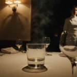 Glass sits on table in dim restaurant with a faint drop of liquid and mist rising from floor