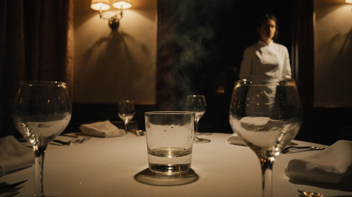 Glass sits on table in dim restaurant with a faint drop of liquid and mist rising from floor