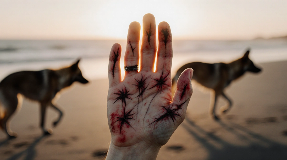 Pale hand shows defensive wounds and scratches with wild dog silhouettes on beach at dawn