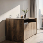 Dining table presents hidden storage with rich wood grain and candles and a city skyline backdrop.