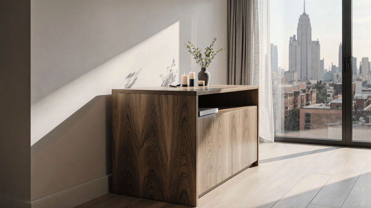 Dining table presents hidden storage with rich wood grain and candles and a city skyline backdrop.