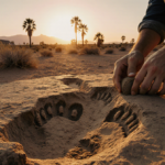 Archaeologist gently cupping dinosaur footprints with golden dusk light on desert ground near palm trees