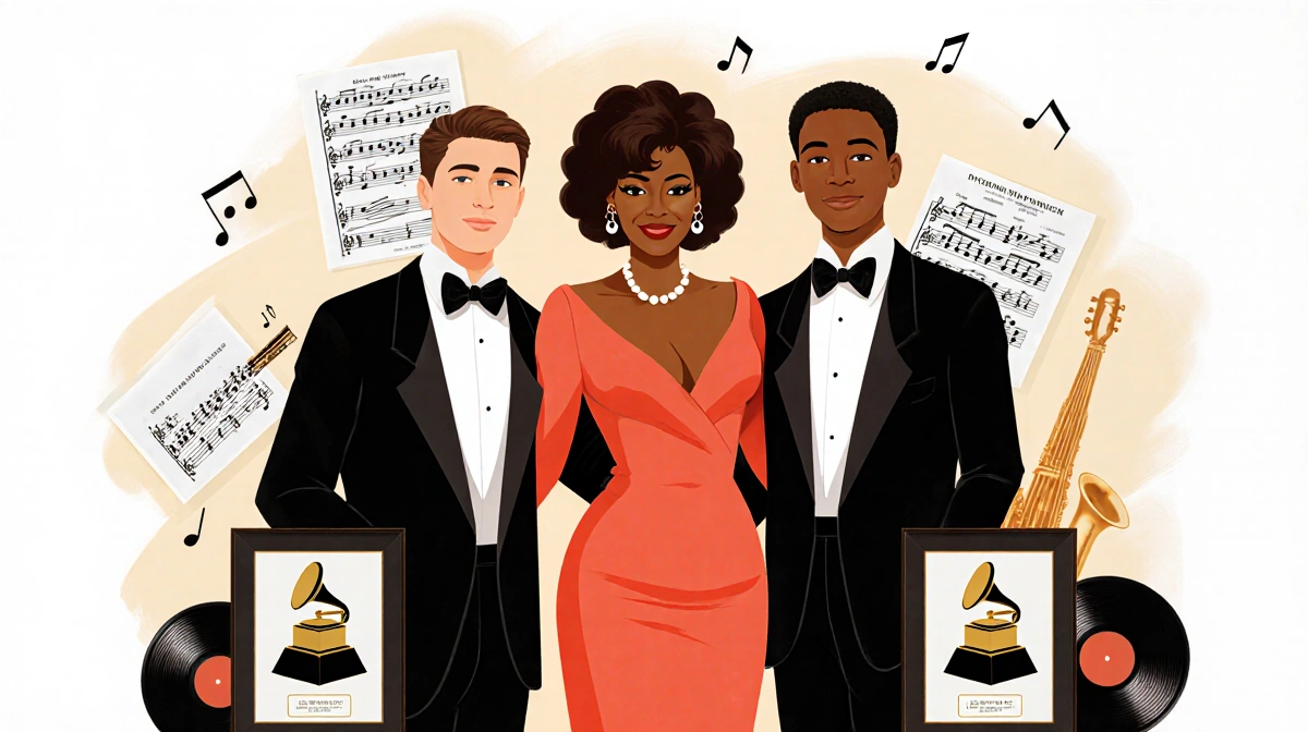 Dionne Warwick standing between her sons in a family portrait with Grammy awards displayed and music sheet background