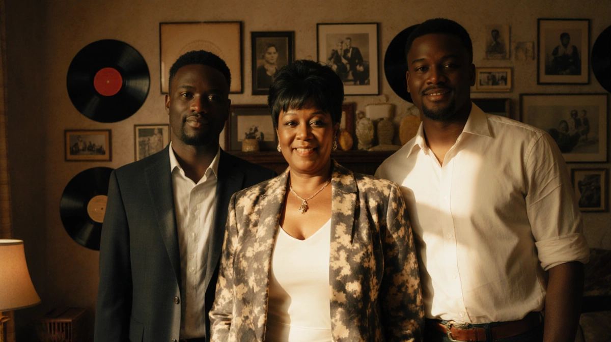 Dionne Warwick standing beside her sons with warm golden light and vintage vinyl records creating a family legacy.