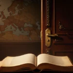 Ornate door opens revealing Greenland maps with aged trade book on desk showing centuries-old agreements