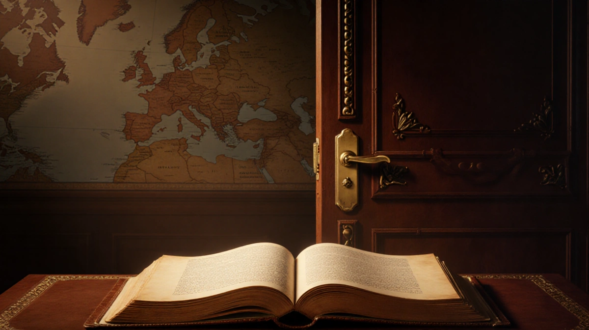 Ornate door opens revealing Greenland maps with aged trade book on desk showing centuries-old agreements