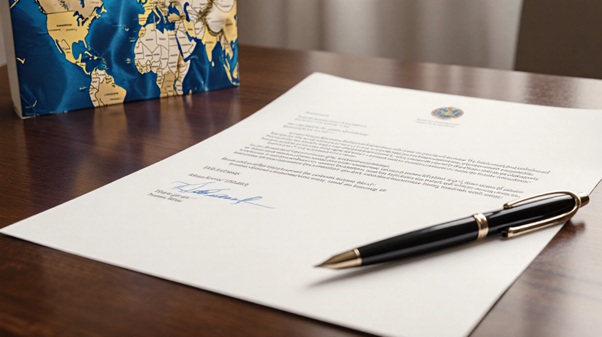 Formal diplomatic letter rests on polished wooden desk with pen and Europe map in background