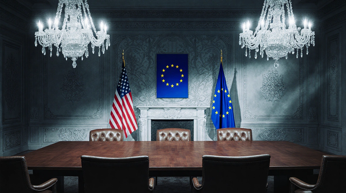 Empty chairs face each other across a wooden table with American and EU flags showing frosty patterns