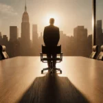 Executive stands at abandoned director chair with golden sunset lighting casting long shadows across boardroom table