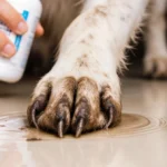 Dirty dog paw lifts with mud clinging to fur and owner holding dog paw cleaner with gentle ripples in background