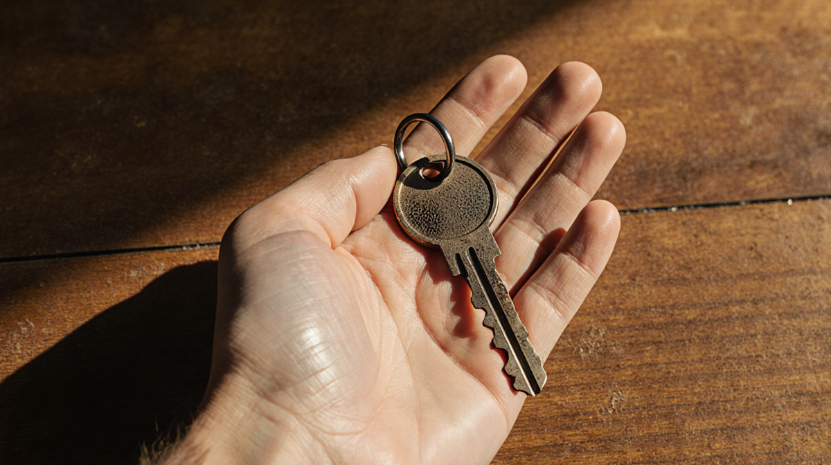 Hand holding a dirty key with fingerprints and grime against warm wood background and golden lighting
