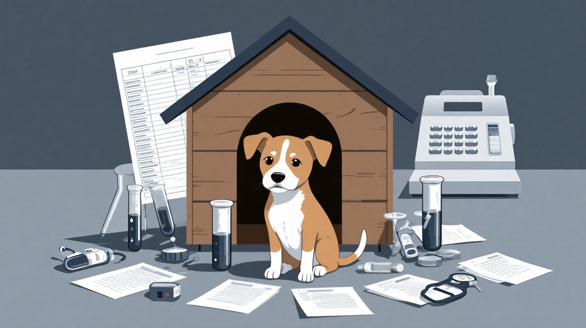 Sad dog sits in doghouse with research papers and test tubes scattered around showing startup R&D struggle