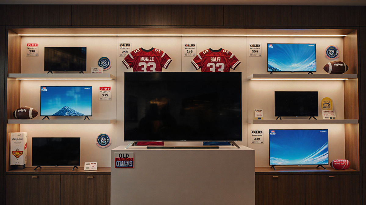 Discounted TV case showing OLED TVs with price tags while a central LCD pedestal stands in warm lighting and Super Bowl theme