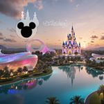 Disneyland Abu Dhabi site shining at sunset with Al Liwa lake and Disney silhouettes