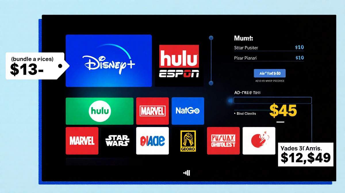 Digital TV hub shows Disney+ and streaming service tiles with bundle pricing chart highlighting $13-45 options