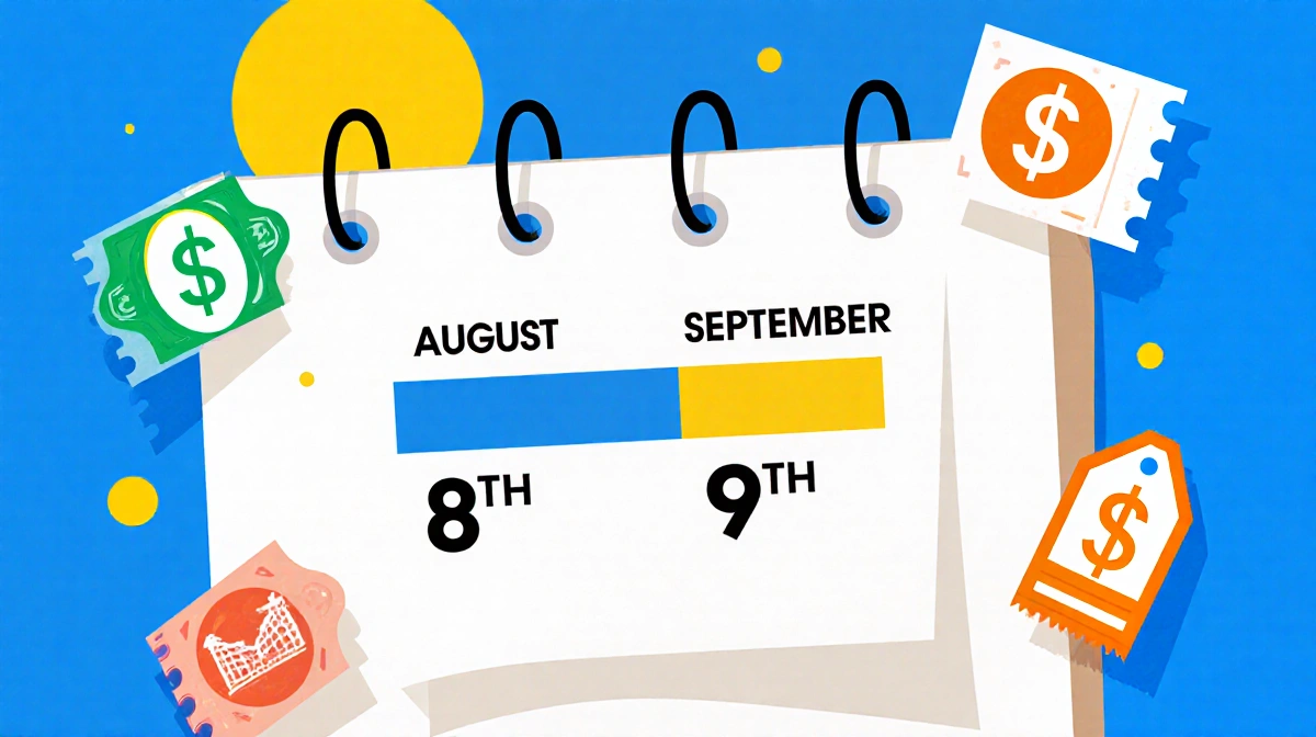 August and September calendar shows August 8 and 9 highlighted with colorful discount ticket icons floating near sunny blue b