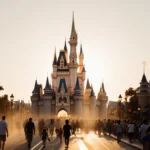 Families strolling down Main Street USA with Cinderella Castle rising in the background and golden morning light casting soft