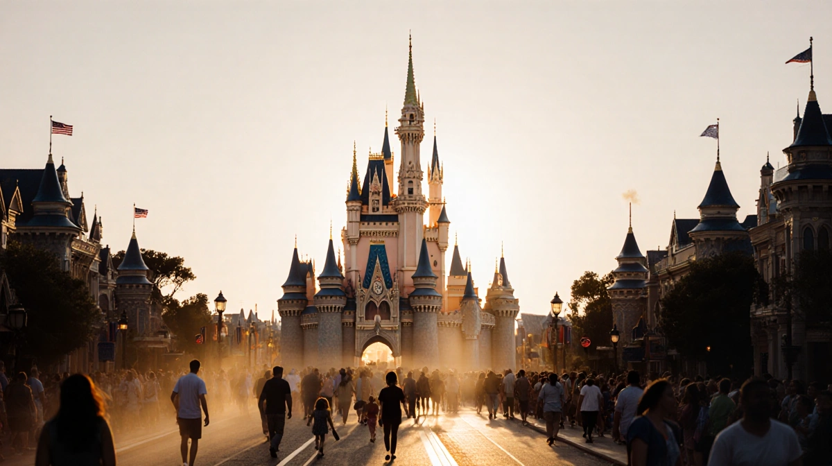 Families strolling down Main Street USA with Cinderella Castle rising in the background and golden morning light casting soft