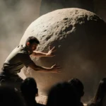 Disney Cast Member shielding audience with massive boulder teetering above crowd