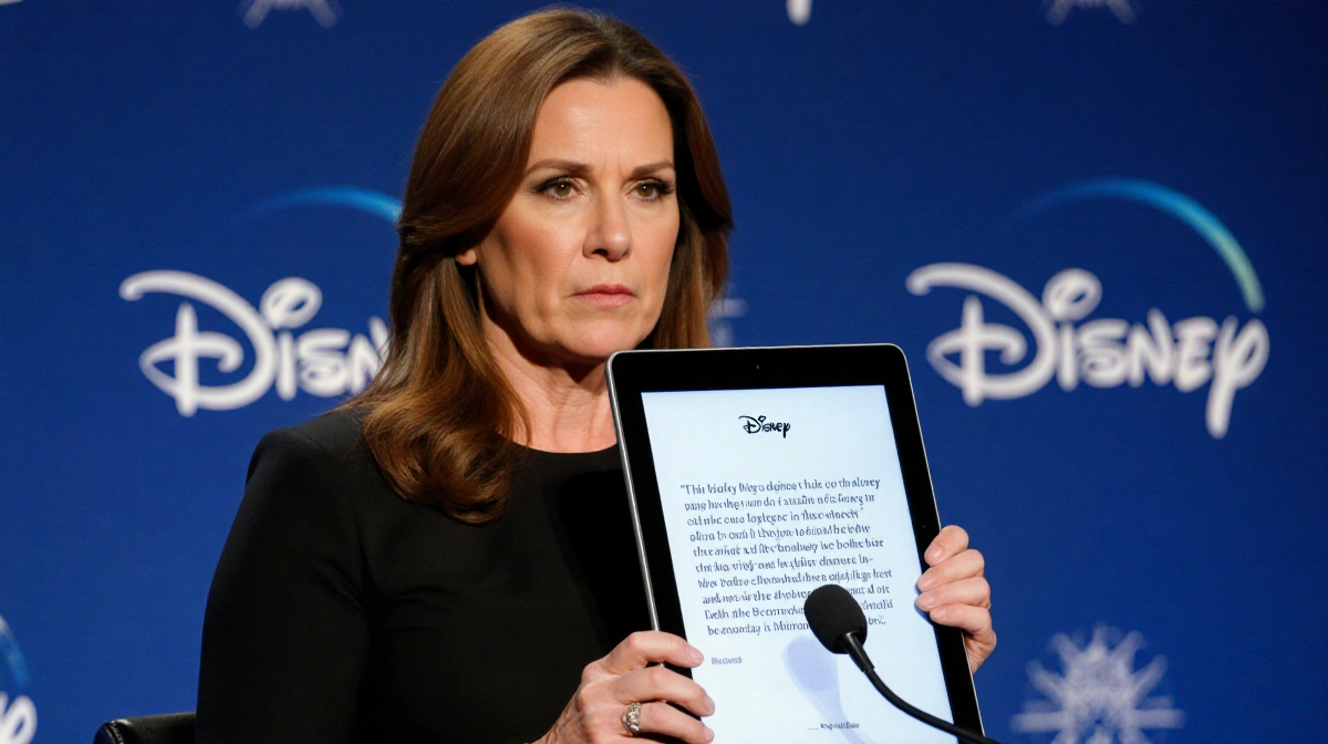 Disney spokesperson speaking with clasped hands, tablet showing Indiana Jones incident, microphone stand.