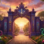 Ornate Disney villains gateway rises with glowing lanterns and sunset casting golden light across lush flowers