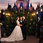 Bride and groom posing for wedding photos with Cinderella Castle behind and golden lanterns glowing